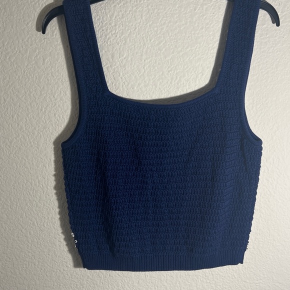 J. Crew Sweater-tank Sz L hand-embellished mirrors Navy Blue Crochet Floral Top - Picture 7 of 7
